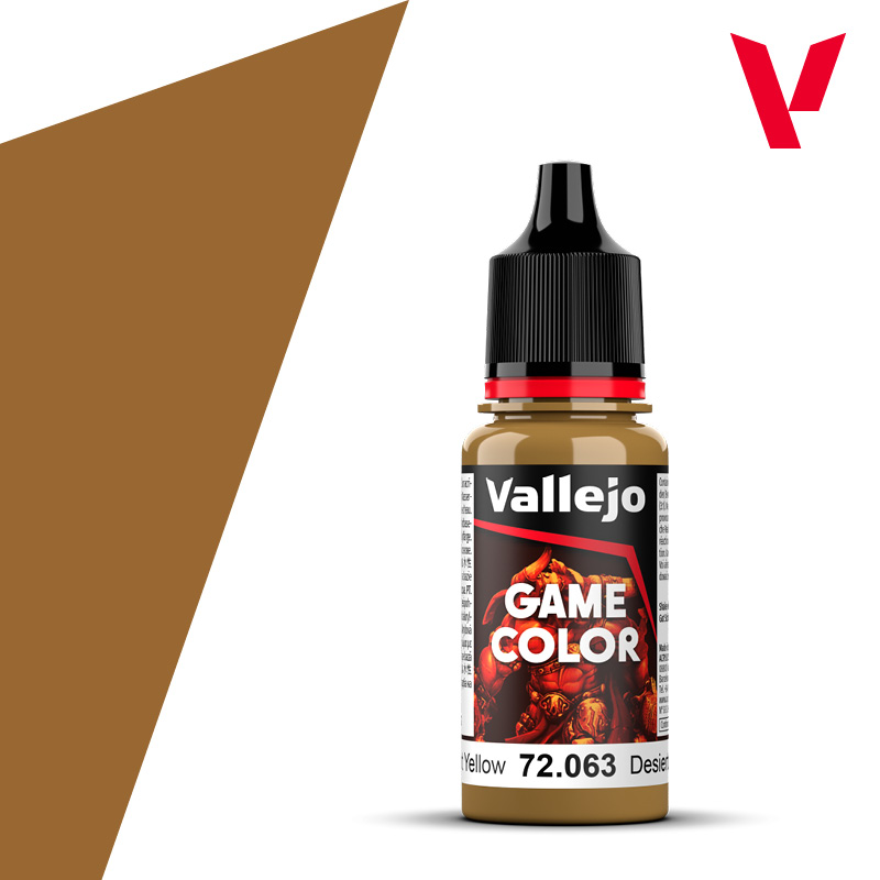 An 18ml bottle of the new Vallejo Game Color acrylic paint in the colour Desert Yellow (72.063).