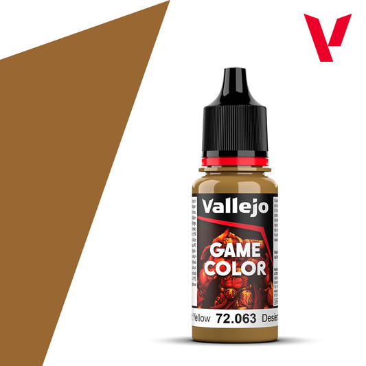 An 18ml bottle of the new Vallejo Game Color acrylic paint in the colour Desert Yellow (72.063).