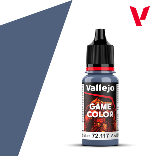 An 18ml bottle of the new Vallejo Game Color acrylic paint in the colour Elfic Blue (72.117).