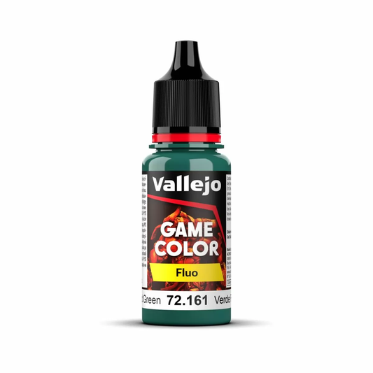 An 18ml bottle of the new Vallejo Game Color acrylic paint in the colour Fluo Green (72.161).
