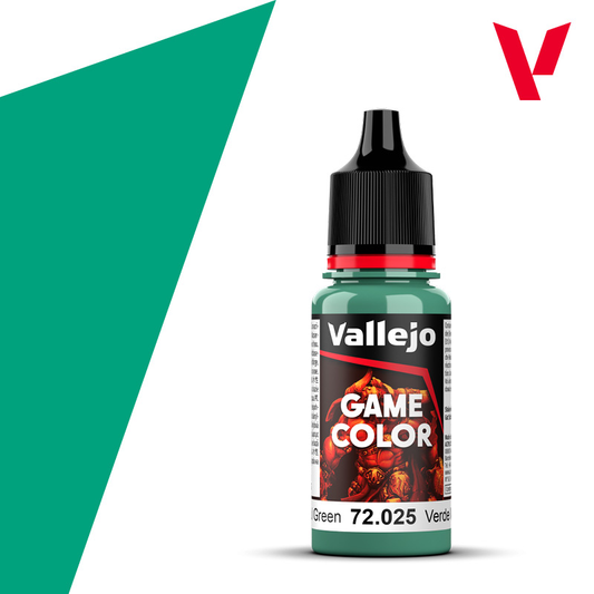 An 18ml bottle of the new Vallejo Game Color acrylic paint in the colour Foul Green (72.025).