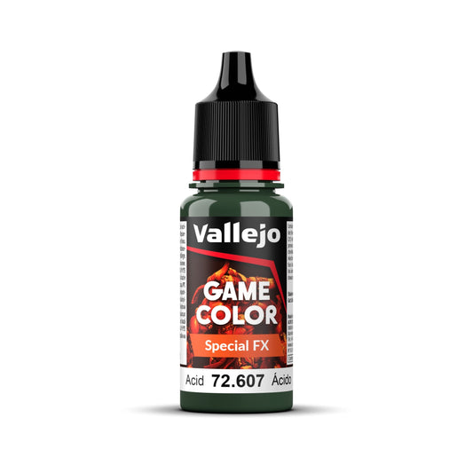 An 18ml bottle of Vallejo Game Color Special FX paint in the colour Acid (72.607).