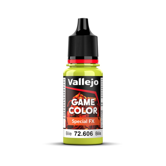 An 18ml bottle of Vallejo Game Color Special FX paint in the colour Bile (72.606).