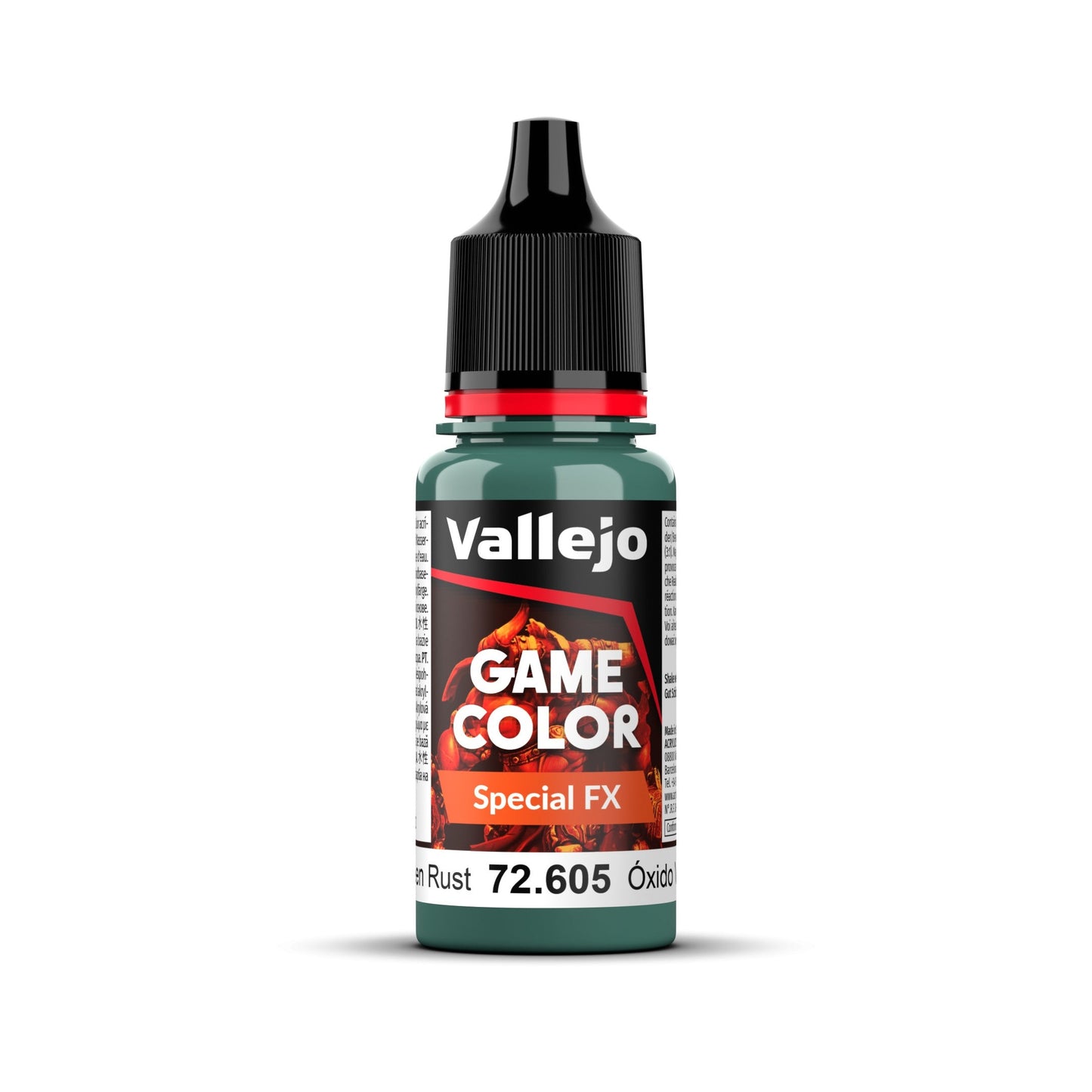 An 18ml bottle of Vallejo Game Color Special FX paint in the colour Green Rust (72.605).