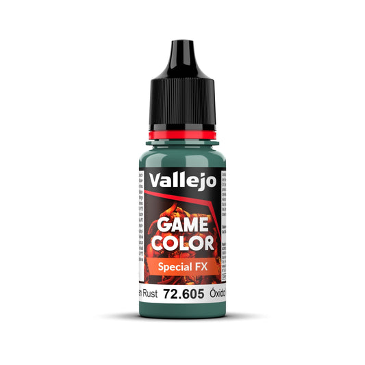An 18ml bottle of Vallejo Game Color Special FX paint in the colour Green Rust (72.605).