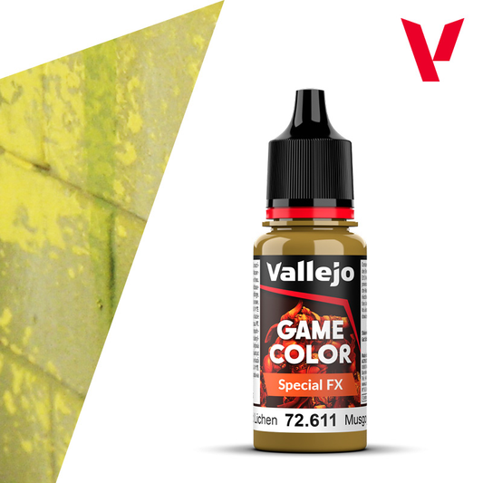 An 18ml bottle of Vallejo Game Color Special FX paint in the colour Moss and Lichen (72.611).