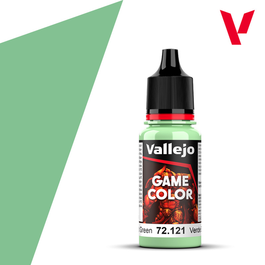 An 18ml bottle of the new Vallejo Game Color acrylic paint in the colour Ghost Green (72.121).
