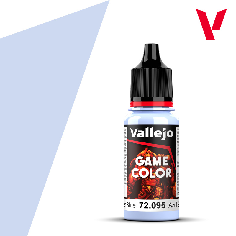 An 18ml bottle of the new Vallejo Game Color acrylic paint in the colour Glacier Blue (72.095).