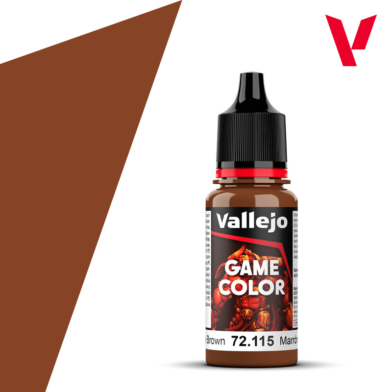An 18ml bottle of the new Vallejo Game Color acrylic paint in the colour Grunge Brown (72.115).