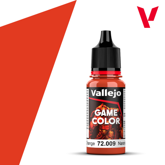 An 18ml bottle of the new Vallejo Game Color acrylic paint in the colour Hot Orange (72.009).