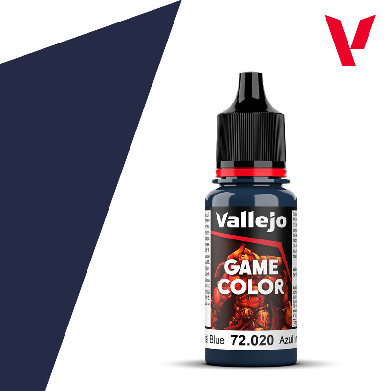 An 18ml bottle of the new Vallejo Game Color acrylic paint in the colour Imperial Blue (72.020).