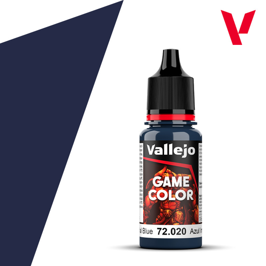 An 18ml bottle of the new Vallejo Game Color acrylic paint in the colour Imperial Blue (72.020).