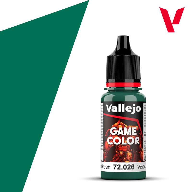 An 18ml bottle of the new Vallejo Game Color acrylic paint in the colour Jade Green (72.026).