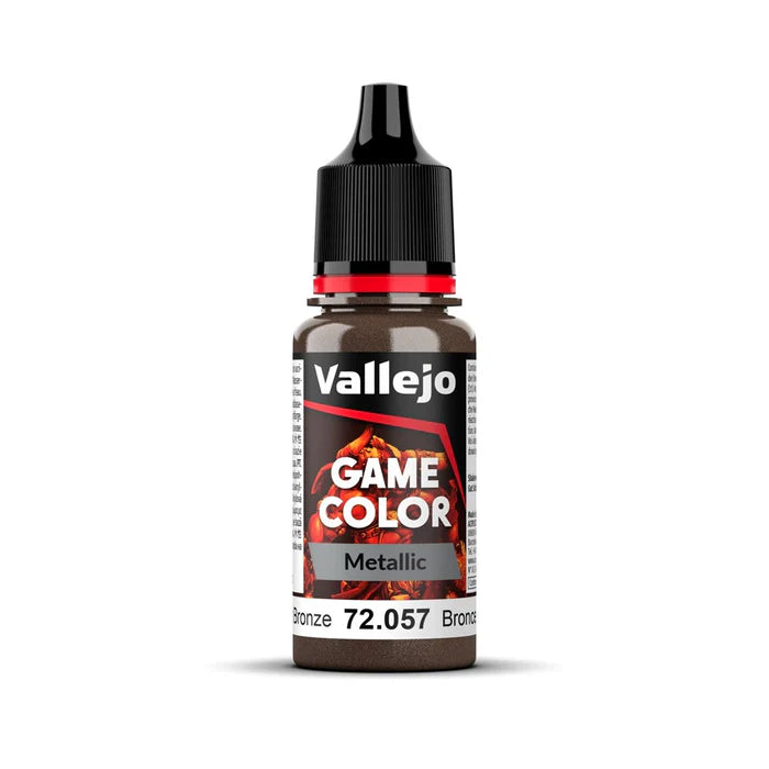 An 18ml bottle of Vallejo Game Color Metallic paint in the colour Bronze (72.057).