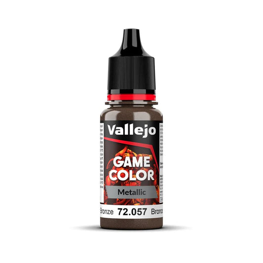 An 18ml bottle of Vallejo Game Color Metallic paint in the colour Bronze (72.057).