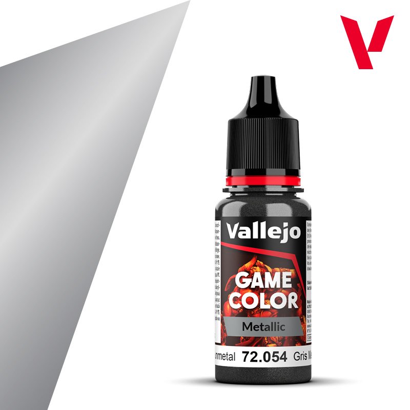 An 18ml bottle of Vallejo Game Color Metallic paint in the colour Dark Gunmetal (72.054).