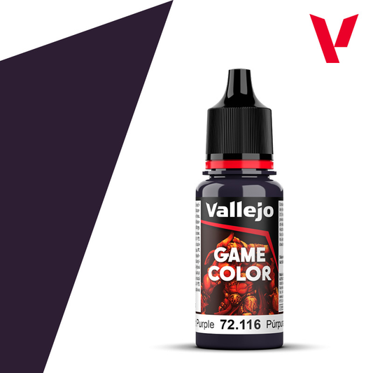 An 18ml bottle of the new Vallejo Game Color acrylic paint in the colour Midnight Purple (72.116).