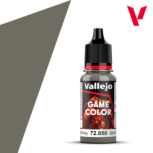 An 18ml bottle of the new Vallejo Game Color acrylic paint in the colour Neutral Grey (72.050).