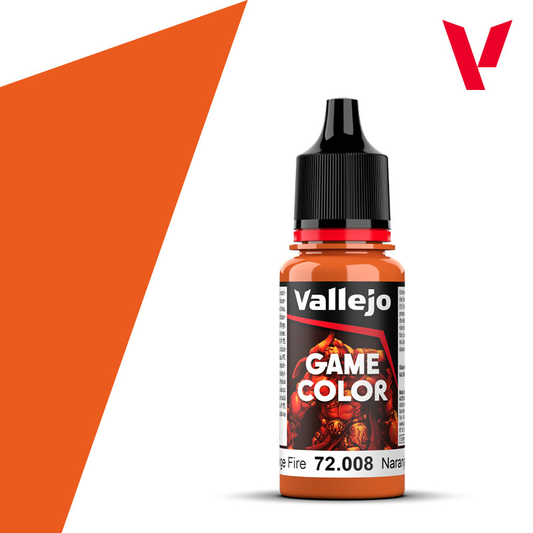 An 18ml bottle of the new Vallejo Game Color acrylic paint in the colour Orange Fire (72.008).