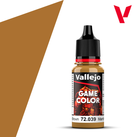 An 18ml bottle of the new Vallejo Game Color acrylic paint in the colour Plague Brown (72.039).