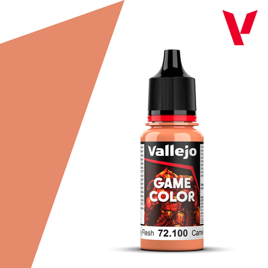 An 18ml bottle of the new Vallejo Game Color acrylic paint in the colour Rosy Flesh (72.100).