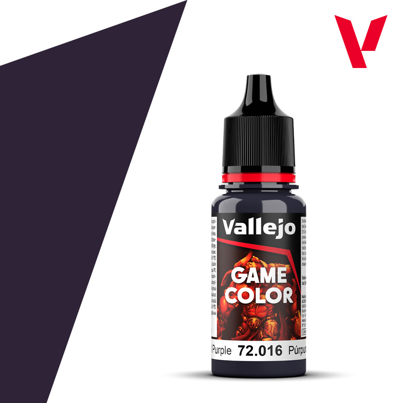 An 18ml bottle of the new Vallejo Game Color acrylic paint in the colour Royal Purple (72.016).