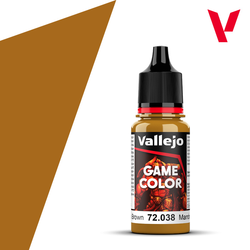 An 18ml bottle of the new Vallejo Game Color acrylic paint in the colour Scrofulous Brown (72.038).