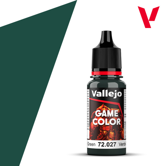 An 18ml bottle of the new Vallejo Game Color acrylic paint in the colour Scurvy Green (72.027).