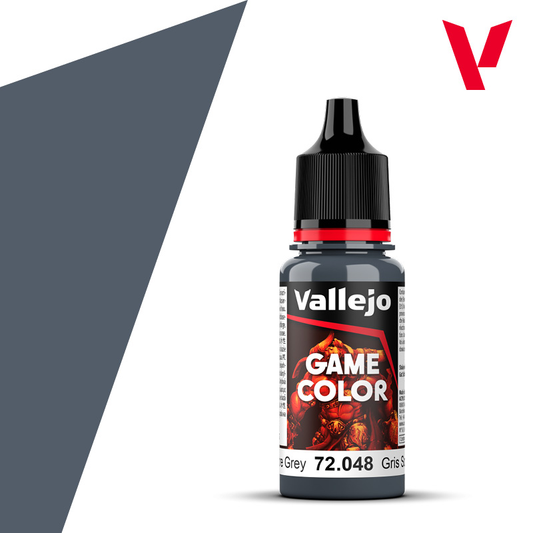 An 18ml bottle of the new Vallejo Game Color acrylic paint in the colour Sombre Grey (72.048).