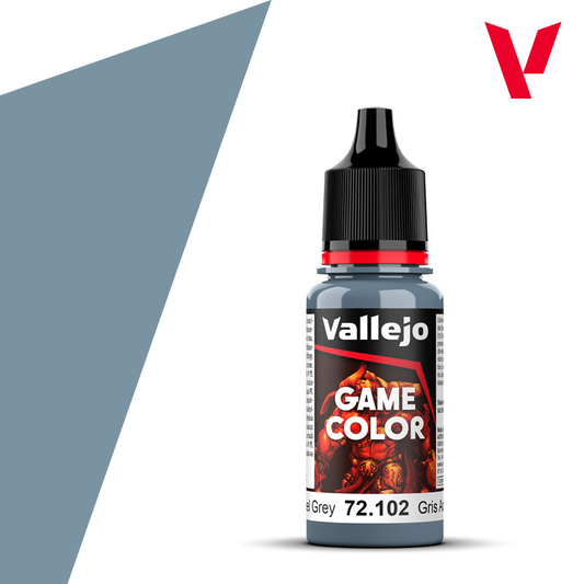 An 18ml bottle of the new Vallejo Game Color acrylic paint in the colour Steel Grey (72.102).