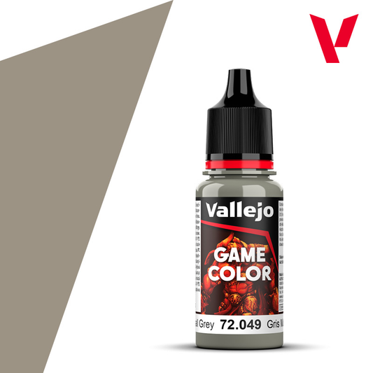 An 18ml bottle of the new Vallejo Game Color acrylic paint in the colour Stonewall Grey (72.049).