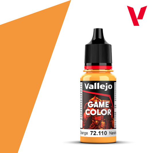 An 18ml bottle of the new Vallejo Game Color acrylic paint in the colour Sunset Orange (72.110).