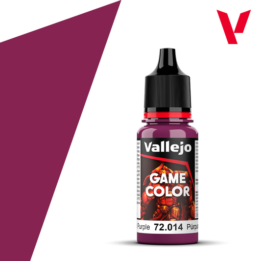 An 18ml bottle of the new Vallejo Game Color acrylic paint in the colour Warlord Purple (72.014).
