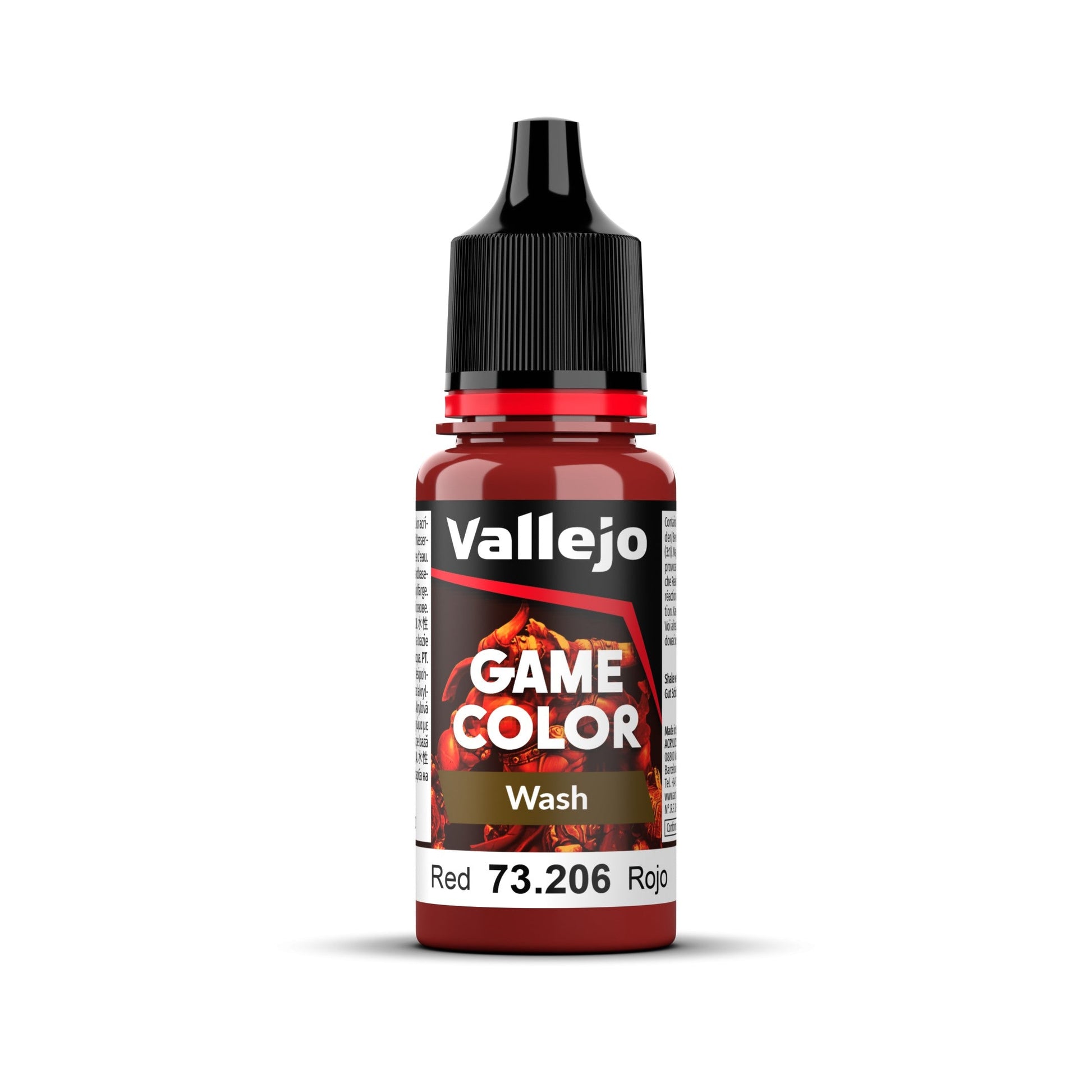 An 18ml bottle of Vallejo Game Color Red Wash (73.206), a paint for shading miniatures.