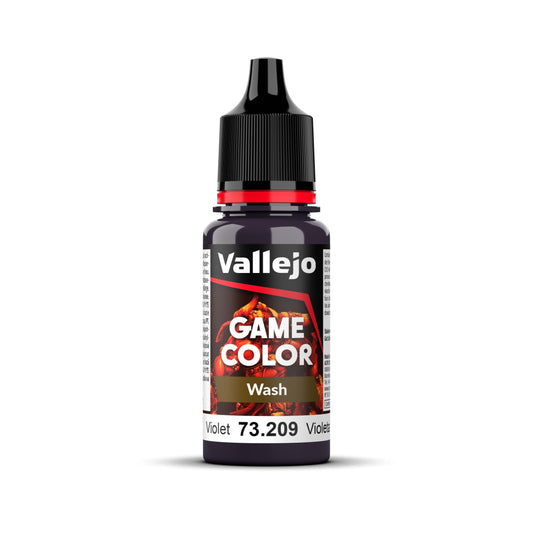 An 18ml bottle of Vallejo Game Color Wash in Violet (73.209).