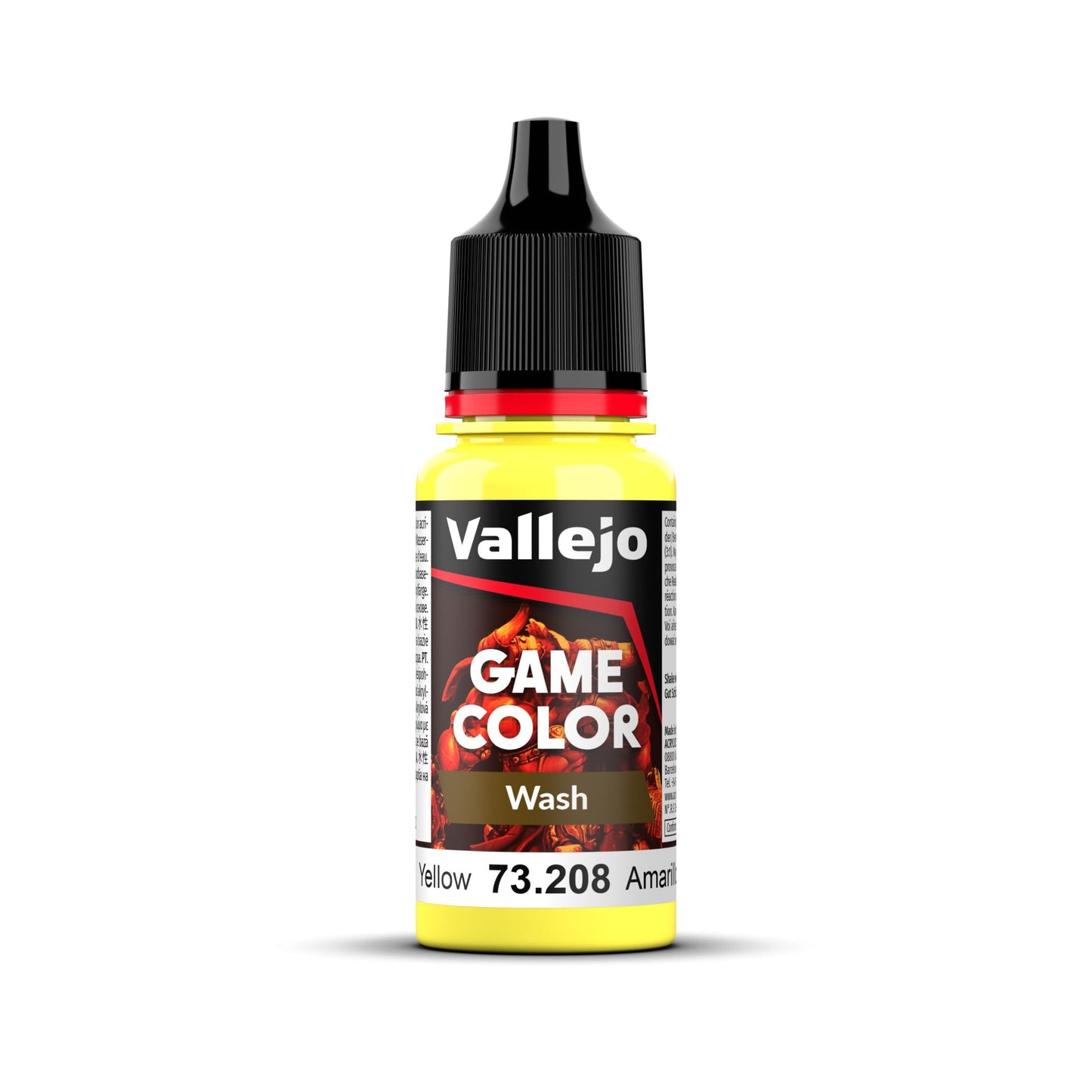 An 18ml bottle of Vallejo Game Color Yellow Wash (73.208), a paint for shading miniatures.