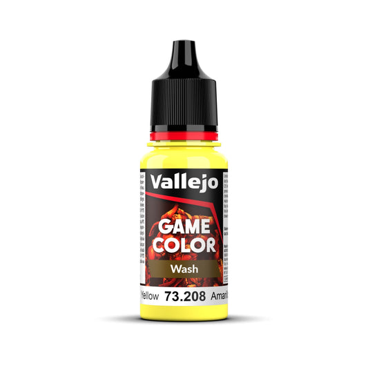 An 18ml bottle of Vallejo Game Color Yellow Wash (73.208), a paint for shading miniatures.