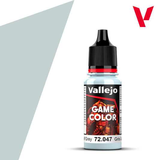 An 18ml bottle of the new Vallejo Game Color acrylic paint in the colour Wolf Grey (72.047).