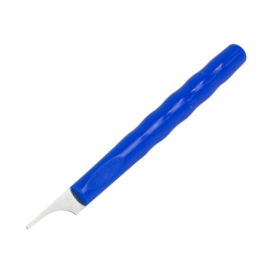 The Vallejo Mould Line Remover tool, featuring a blue ergonomic handle and a small, flat stainless-steel blade for cleaning miniatures.