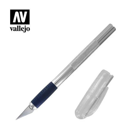The Vallejo Soft Grip Craft Knife no.1, showing its silver aluminum handle, blue soft grip section, and a sharp #11 blade.