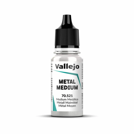 An 18ml bottle of Vallejo Metal Medium (70.521), an auxiliary for creating metallic acrylic paints.
