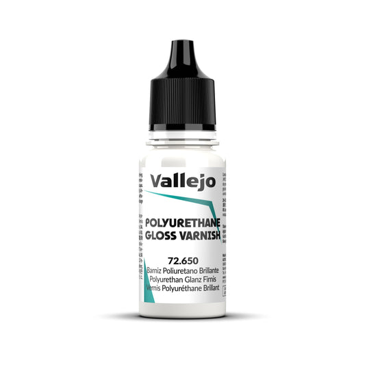 An 18ml bottle of Vallejo Polyurethane Gloss Varnish (72.650).