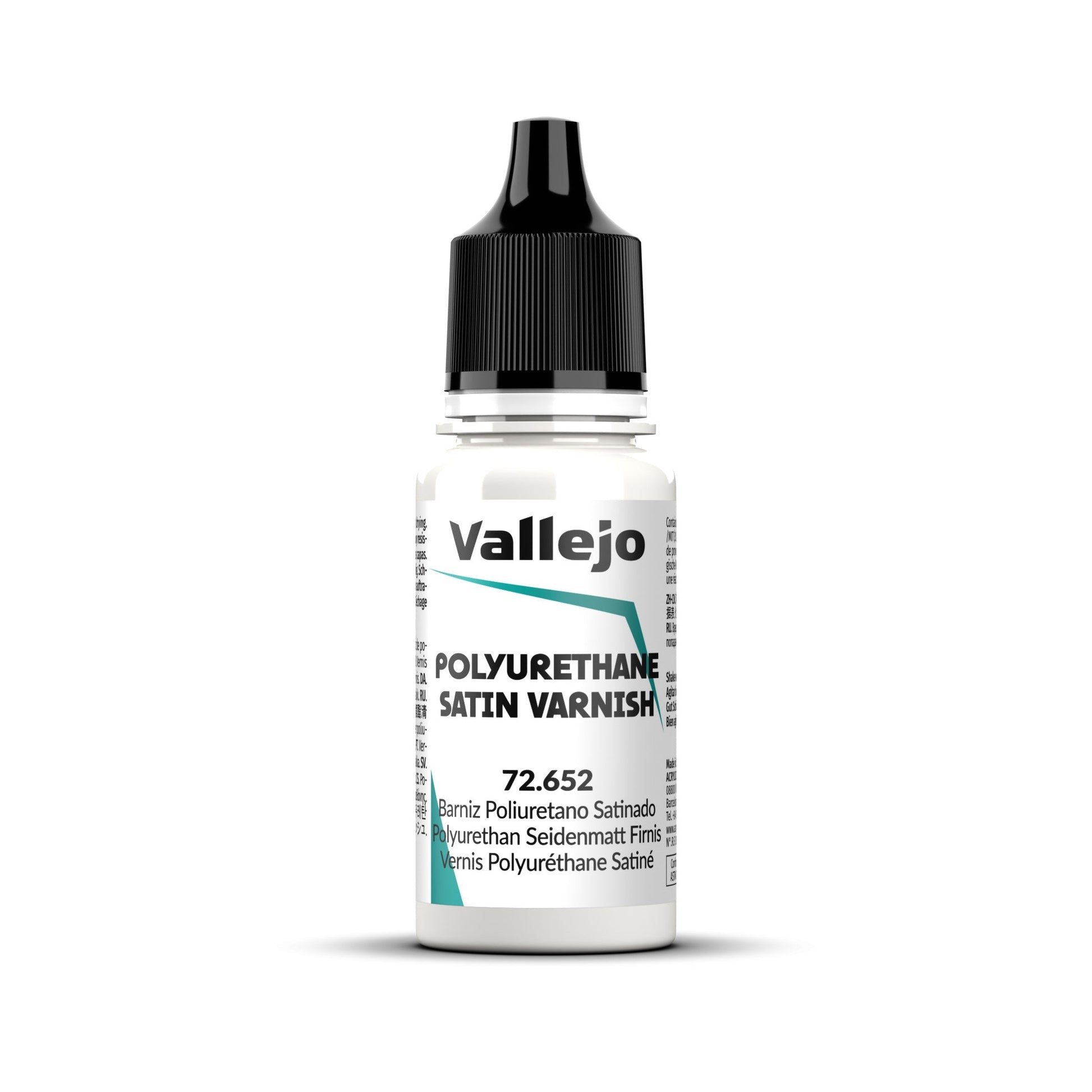 An 18ml bottle of Vallejo Polyurethane Satin Varnish (72.652), a protective coat for miniatures.