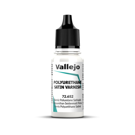 An 18ml bottle of Vallejo Polyurethane Satin Varnish (72.652), a protective coat for miniatures.