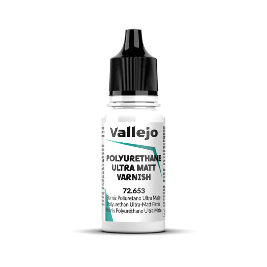 An 18ml bottle of Vallejo Polyurethane Ultra Matt Varnish (72.653), a protective coat for miniatures.