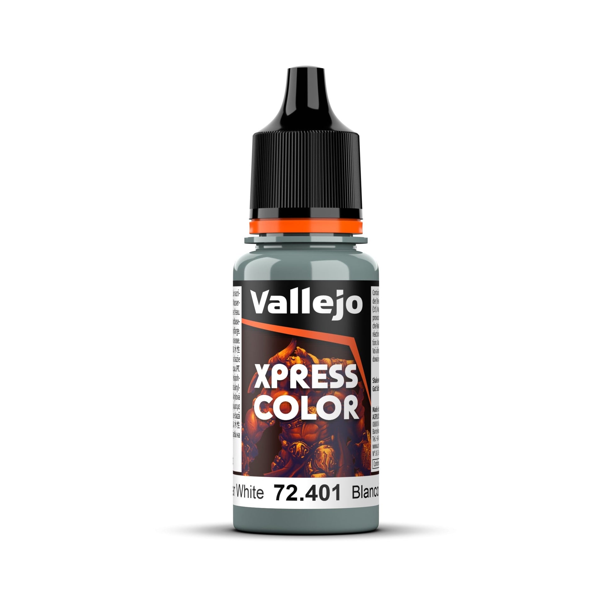 An 18ml bottle of Vallejo Xpress Color acrylic paint in the colour Templar White (72.401).