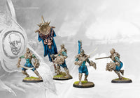 Four individual, painted Spires Vanguard Clones miniatures in dynamic combat poses, representing the superior clone strain of the Spires military.