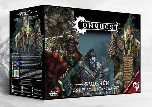 Box art for the Conquest: W'adrhŭn One Player Starter Set (31 Miniatures), featuring the Chieftain and aggressive dinosaur-riding infantry.