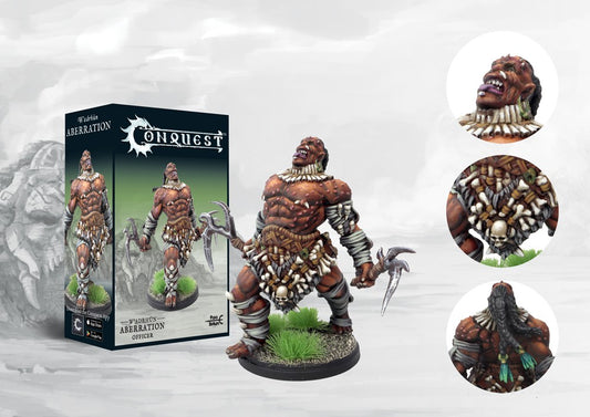Box art and painted Aberration Officer miniature for Conquest: The W'adrhŭn, a feral resin officer who makes Blooded units more lethal through genetic divergence.