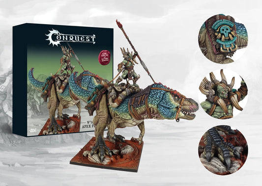 Box art and model display for the Conquest W'adrhŭn Apex Predator Monster Expansion Set (Plastic), the powerful dinosaur warbeast unit.